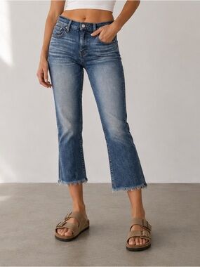 Madewell Cali Demi Boot Jeans Womens 26 Petite Blue Mid Rise Raw Hem Stretch